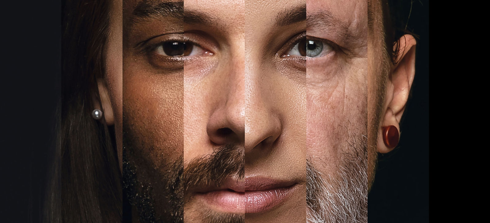 Human face made from portrait of different people of diverse age, gender and race over black background. Concept of social equality, human rights, freedom, diversity, acceptance