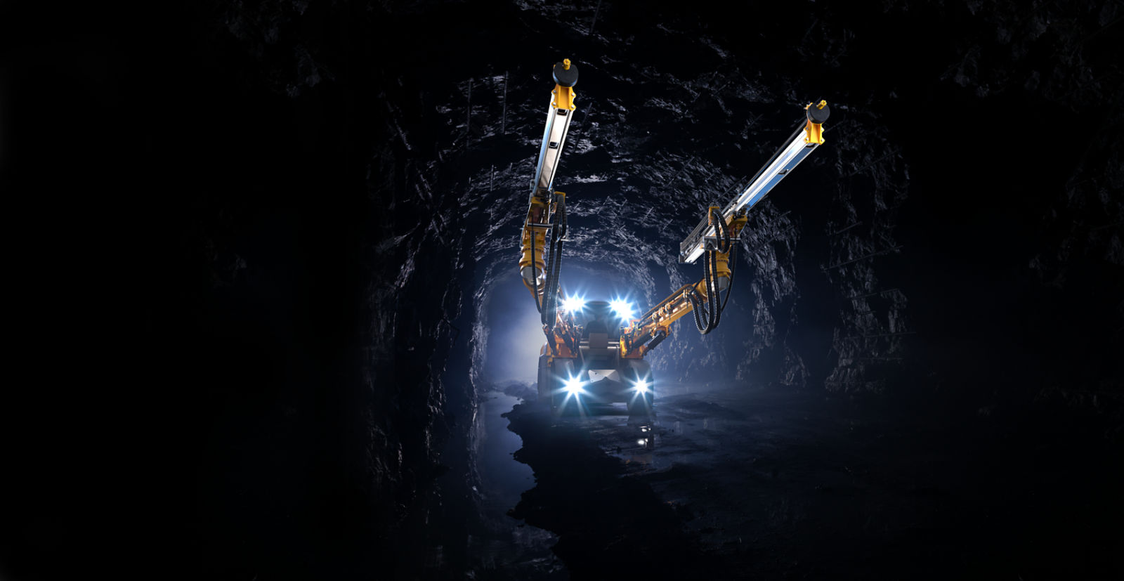 Boomer E20 SG in underground mine, low wide angle, front right view, extended background