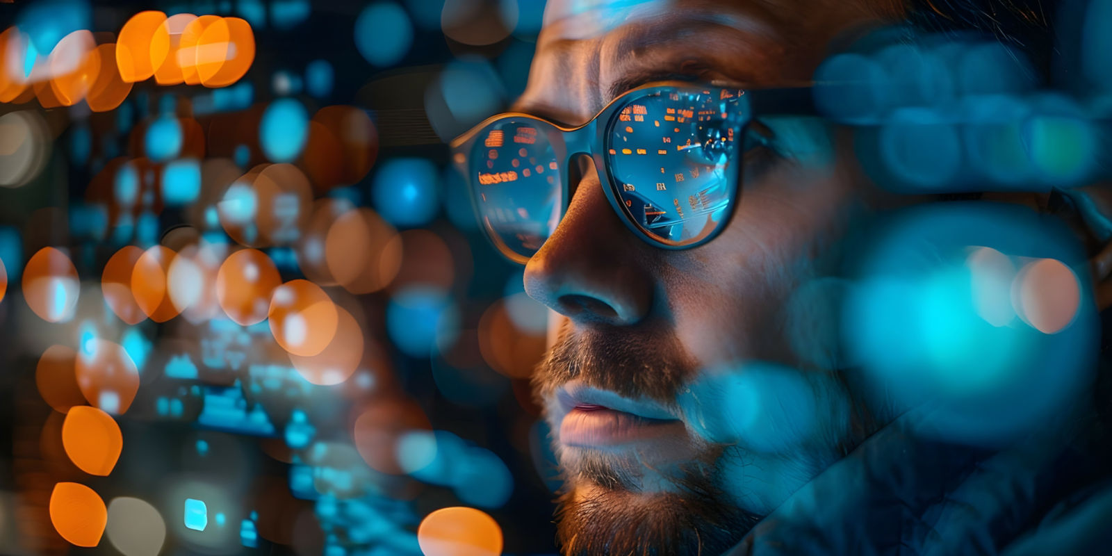 A focused male programmer analyzes futuristic holographic trading data for cyber security. Concept Technology, Programming, Cyber Security, Futuristic, Holographic Trading Data